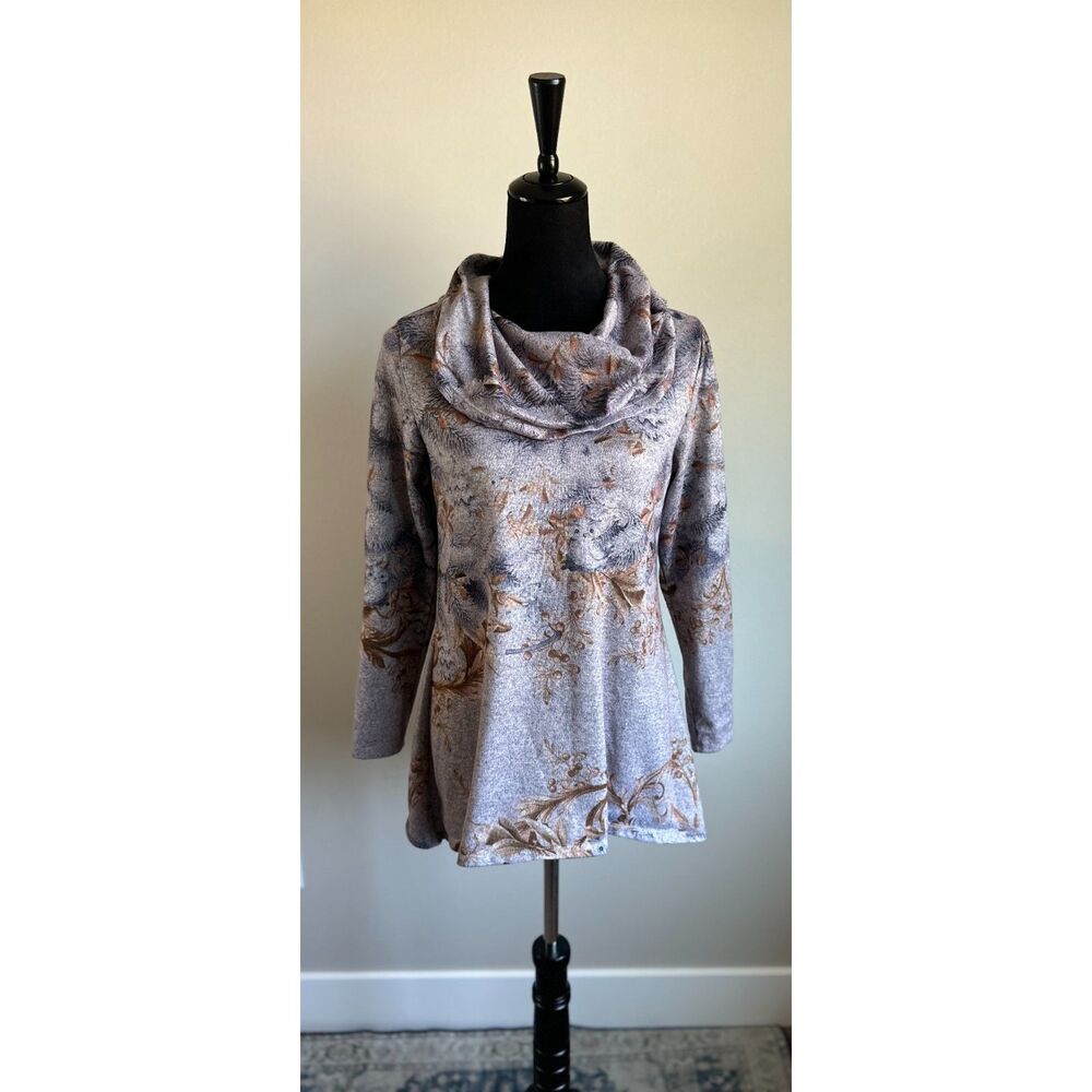 One World Women's Cut Grey Owl Print Cowl Neck Long Sleeve Tunic Sweater Size S